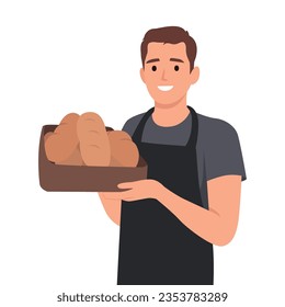 A baker smiling happily while holding an oven tray with freshly baked bread. Fresh bread smells good. Flat vector illustration isolated on white background