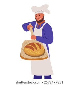 A baker smiling happily while holding an oven tray with freshly baked bread. Fresh bread smells good. Hand drawn vector illustration.
