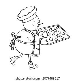 Baker snowman with tray ful of cookies doodle hand drawn illustration isolated on white. Black outline. Great for New Year and Christmas design and coloring books.