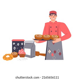 Baker standing with baked bread and pastry items, flat vector illustration isolated on white background. Bakery or bakehouse emblem or banner, logo or label.