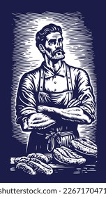 Baker standing by his product with his hands crossed. Hand drawn vintage engraving style woodcut vector illustration Eps 10