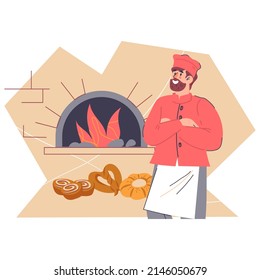 Baker standing next by oven with baked bread, flat vector illustration isolated on white background. Bakery or bakehouse emblem or banner template.