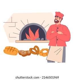 Baker standing next by oven with baked bread, flat vector illustration isolated on white background. Bakery or bakehouse emblem or banner template.