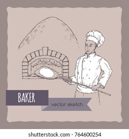 Baker and stove vector hand drawn vector sketch. Great for pizza house, bakery, restaurant, cafe ads, brochures, labels.