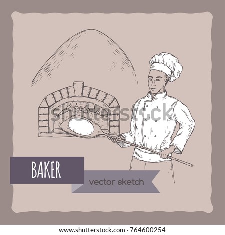 Baker and stove vector hand drawn vector sketch. Great for pizza house, bakery, restaurant, cafe ads, brochures, labels.