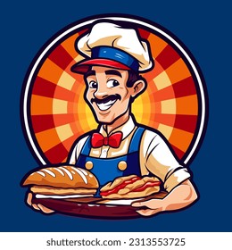 A baker takes fresh pastries to the shop. Cartoon vector illustration. label, sticker
