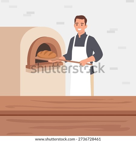 Baker Taking Fresh Bread From Traditional Oven. Flat vector illustration isolated on white background