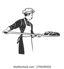 Baker taking out with shovel bread from the oven. Vector illustration. Black and white vector objects.