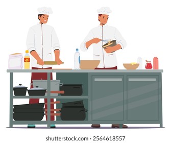 Baker team restaurant kitchen staff cooking kneading and rolling out dough vector illustration scene. Cartoon professional cookers in uniform preparing pastry or bakery products at workplace