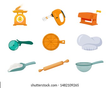 Baker tools flat vector illustrations set. Scales, hand mixer and disk knife. Bakery, kitchen utensils. Pizza plate, scoop and chef hat. Cooking instruments, kitchenware pack. Rolling pin and colander