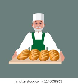 Baker with a tray of his hand made loaves of organic fresh bread. Vector illustration isolated on gray background