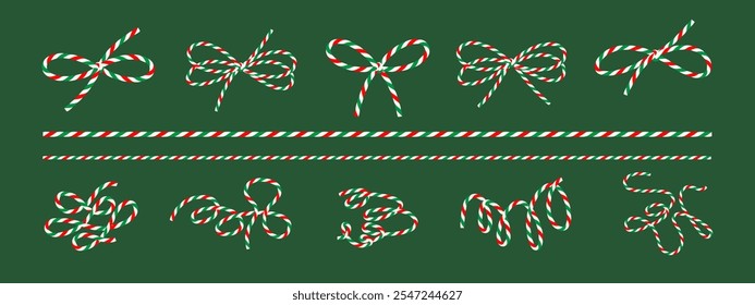 Сotton baker twine, ribbon red green white, packing thread, bow for decoration, tying boxes, gift wrap for Christmas, New year. Isolated elements on background for banner, cards. Vector EPS10