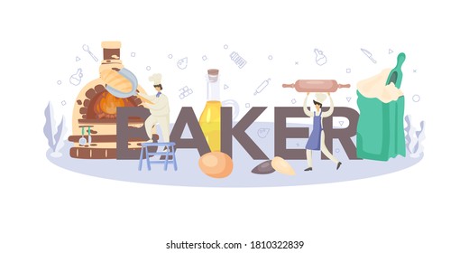 Baker typographic header. Chef in the uniform baking bread. Cooking process. Baking pastry process. Isolated vector illustration in cartoon style