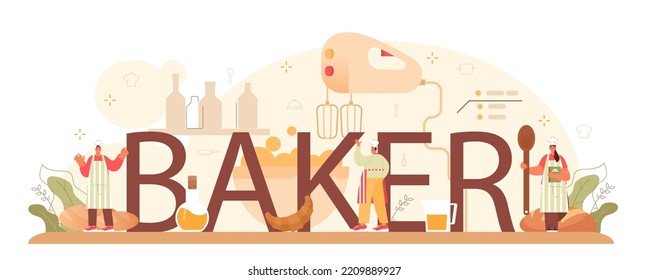 Baker typografische Header. Küchenchef im einheitlichen Backbrot. Backgebäck. Bäckereiarbeiter, die Backwaren in einem Bäckerei verkaufen. Flache Vektorgrafik