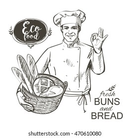 baker in uniform carrying a basket with baked bread vector illustration