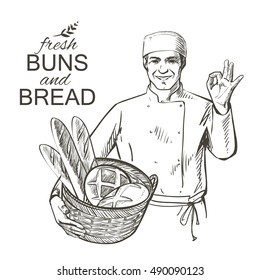 baker in uniform carrying a basket with baked bread vector illustration