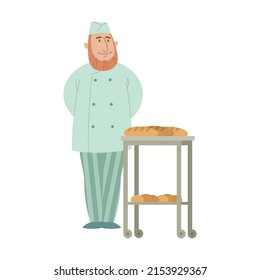 Baker in uniform cartoon illustration. Man cart with hot fresh baguettes, making recipe for bakery