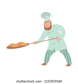 Baker in uniform cartoon illustration. Man cart puts dough into oven for baking on wooden shovel, making recipe for bakery