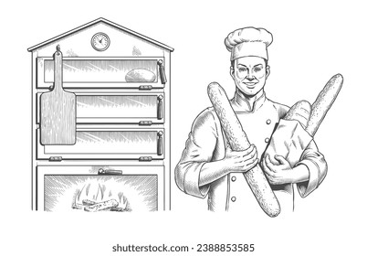 Baker con uniforme que contiene pan y baguettes y horno vintage con fuego aislado en el fondo blanco. Retro panadería dibujada a mano estilo de grabado monocromo ilustración vectorial.