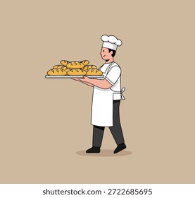 Un panadero en uniforme sosteniendo una bandeja llena de panes de pan marrón dorado.