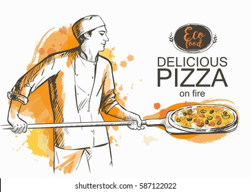 baker in uniform with pizza baked in wood fire oven Cook in the kitchen with shovel in hands Hot pizza rustic Italian style. Olives mushrooms and cheese. Hand-drawn vector illustration line sketch.