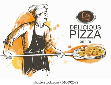 baker in uniform with pizza baked in wood fire oven Cook in the kitchen with shovel in hands Hot pizza rustic Italian style. Olives mushrooms and cheese. Hand-drawn vector illustration line sketch.