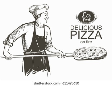 baker in uniform with pizza baked in wood fire oven Cook in the kitchen with shovel in hands Hot pizza rustic Italian style. Olives mushrooms and cheese. Hand-drawn illustration line sketch.