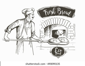 Baker In Uniform Taking Out Bread From The Oven Vector Illustration