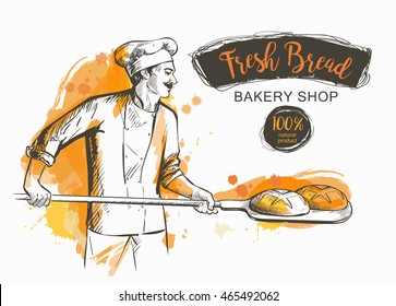baker in uniform taking out with shovel baked bread from the oven vector illustration