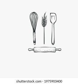 Baker utensils and wheat hand drawn vector design template