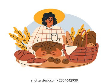 Baker vendor selling homemade bakery, sourdough bread, fresh buns, baguettes, dough products at local market. Home made baked production. Flat graphic vector illustration isolated on white background