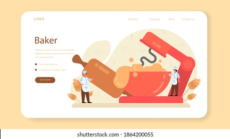 Baker web banner or landing page. Chef in the uniform baking bread. Baking pastry process. Bakery worker and pastries goods. Isolated vector illustration