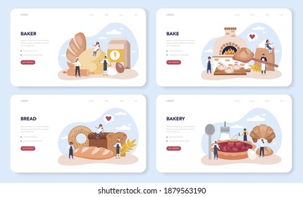 Baker web banner or landing page set. Chef in the uniform baking bread. Baking pastry process. Bakery worker and pastries goods. Isolated vector illustration