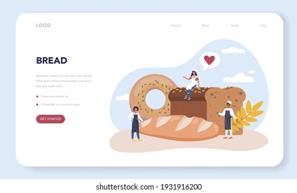 Baker web banner or landing page. Chef in the uniform baking bread. Baking pastry process. Bakery worker and pastries goods. Isolated vector illustration