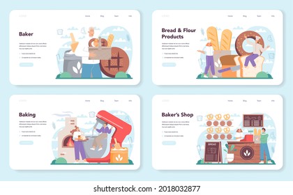 Baker web banner or landing page set. Chef in the uniform baking bread. Baking pastry process. Bakery worker and pastries goods shop. Isolated vector illustration