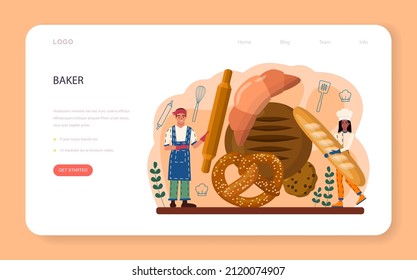 Baker Web-Banner oder Landing-Seite. Küchenchef im einheitlichen Backbrot. Backgebäck. Bäckereiarbeiter, die in einem Laden Backwaren verkaufen. Einzelne Vektorgrafik