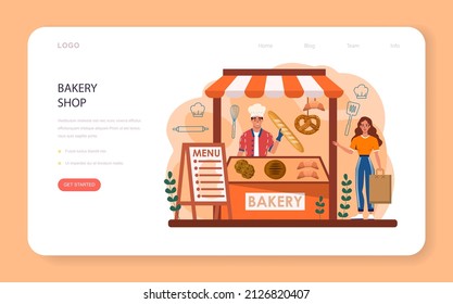 Baker web banner or landing page. Chef in the uniform baking bread. Baking pastry process. Bakery worker selling pastries goods in a shop. Isolated vector illustration