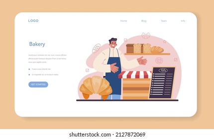 Baker web banner or landing page. Chef in the uniform baking bread. Baking pastry process. Bakery worker cooking pastries goods. Isolated vector illustration