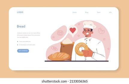Baker web banner or landing page. Chef in the uniform baking bread. Baking pastry process. Bakery worker cooking pastries goods. Isolated vector illustration