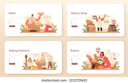 Baker Web-Banner oder Landing-Page Set. Küchenchef im einheitlichen Backbrot. Backgebäck. Bäckereiarbeiter, die Backwaren in einem Bäckerei verkaufen. Flache Vektorgrafik