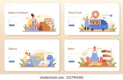 Baker web banner or landing page set. Chef in the uniform baking bread and pastry. Bakery worker selling bakery products in a store or food truck. Flat vector illustration