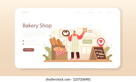 Baker Web-Banner oder Landing-Seite. Küchenchef im einheitlichen Backbrot. Backgebäck. Bäckereiarbeiter, die Backwaren in einem Bäckerei verkaufen. Flache Vektorgrafik