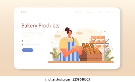 Baker Web-Banner oder Landing-Seite. Küchenchef in der einheitlichen Backwaren Brot und Gebäck. Bäckereiarbeiter, die Backwaren in einem Laden oder Lebensmittelwagen verkaufen. Flache Vektorgrafik