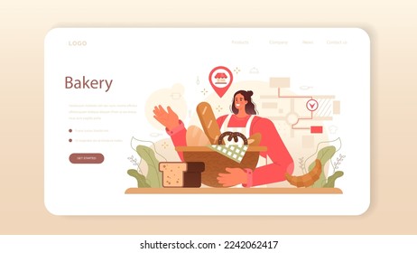 Baker web banner or landing page. Chef in the uniform baking bread. Baking pastry process. Bakery worker selling pastries goods in a bakeshop. Flat vector illustration