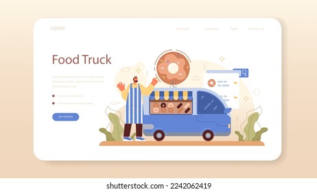 Baker web banner or landing page. Chef in the uniform baking bread and pastry. Bakery worker selling bakery products in a store or food truck. Flat vector illustration