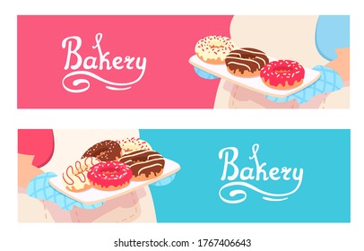 A baker in a white apron holds a tray of fresh colored glazed doughnuts. Handwritten inscription bakery. Woman chef cook with frosted donuts. Horizontal flyer, poster, banner. Advertisement template.