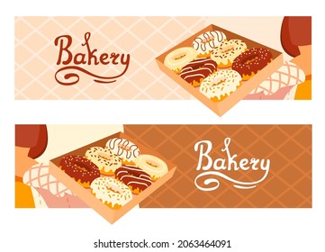A baker in a white apron holds a tray of fresh glazed doughnuts. Handwritten inscription bakery. Woman chef cook with frosted donuts. Horizontal flyer, poster, banner. 