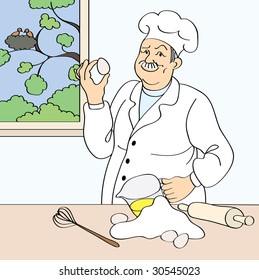 Baker with white flour in her clean bakery