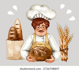 Bäcker in weißer Tunika, Schürze und weißem Hut, hält Brot in den Händen. Kraftbeutel mit Laib, Brotstäbchen und Weizenähren. Imitation von Pastelltafeln, handgezeichnet.