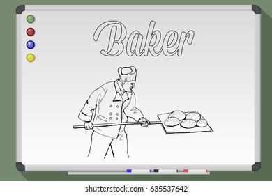 Baker. Whiteboard black and white drawing. Hand drawn vector stock illustration.